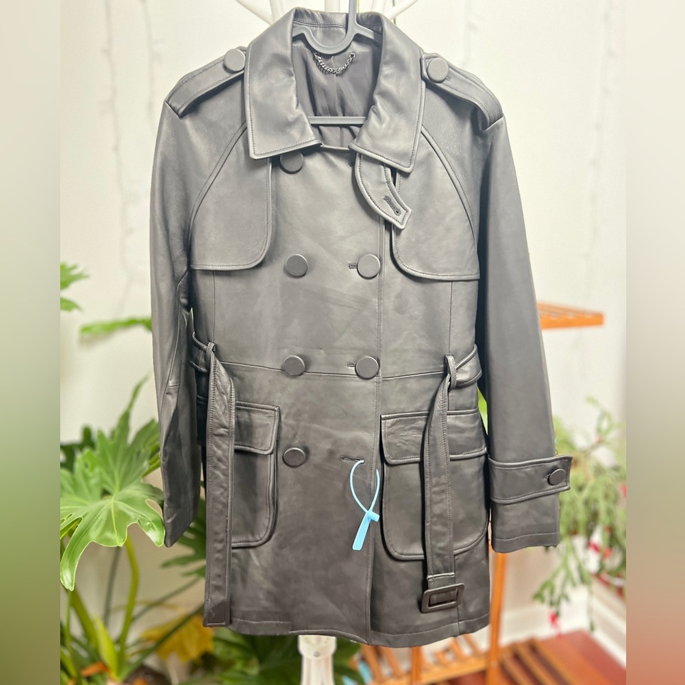 Genuine sheepskin Women's Mid-Length Windbreaker Belt Double-breasted Jacket